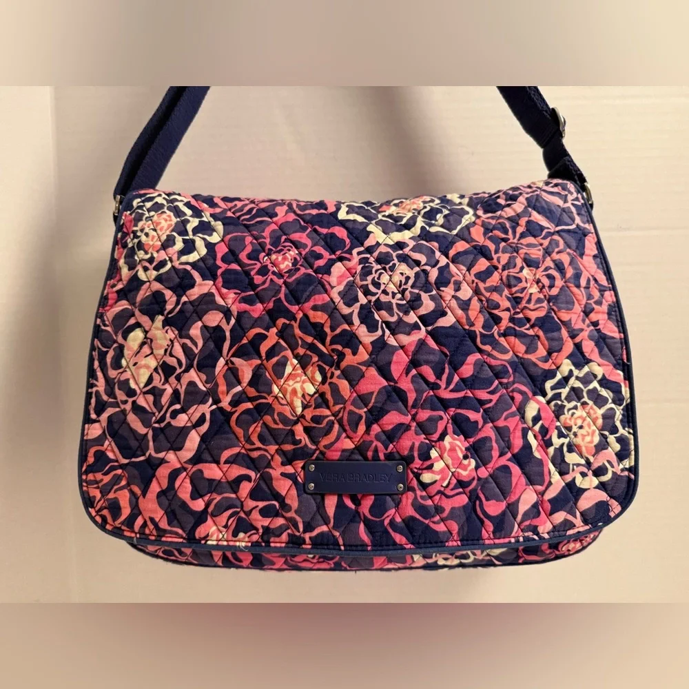 👜 Vera Bradley Quilted Laptop Messenger Bag | Floral Pink Navy | NWT